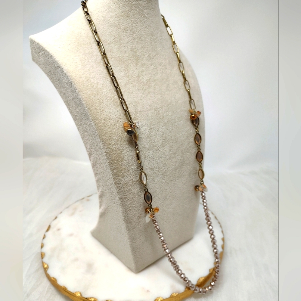 LOFT Elegant Gold, Blush and Brown Mixed Media Long Necklace
